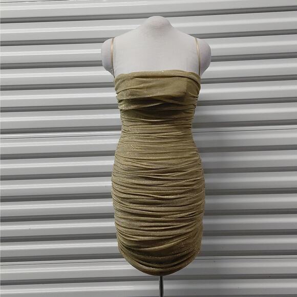 House of CB Ella Ruched Organza Mini Dress Sz Small Gold Cocktail Party Wedding - Picture 2 of 10